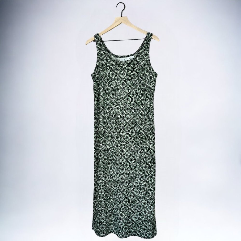 Kathie Lee VTG 90s Black & Green Abstract Floral Sleeveless Straight Midi Dress